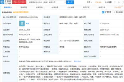 哇唧唧哇于海南成立科技公司,注冊資本200萬元人民幣